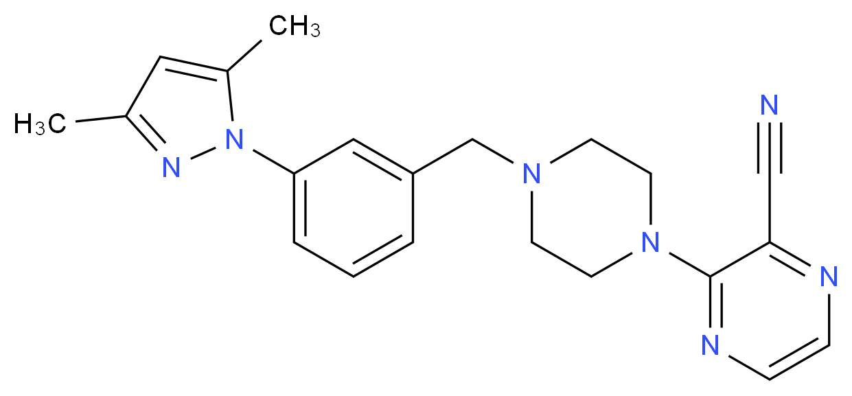 3-{4-[3-(3,5-dimethyl-1H-pyrazol-1-yl)benzyl]piperazin-1-yl}pyrazine-2-carbonitrile_分子结构_CAS_)