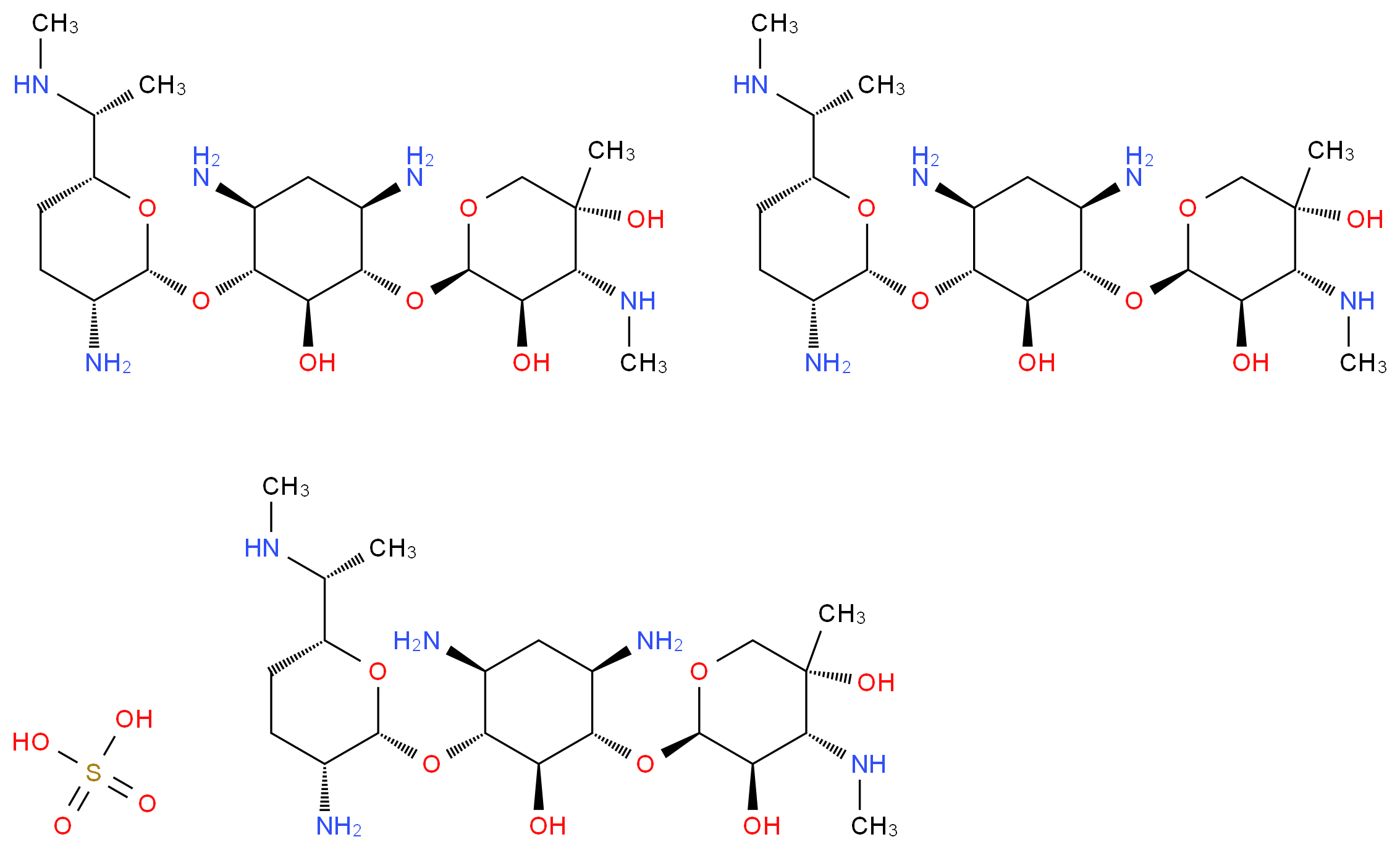 tris((2R,3R,4R,5R)-2-{[(1S,2S,3R,4S,6R)-4,6-diamino-3-{[(2R,3R,6R)-3-amino-6-[(1R)-1-(methylamino)ethyl]oxan-2-yl]oxy}-2-hydroxycyclohexyl]oxy}-5-methyl-4-(methylamino)oxane-3,5-diol); sulfuric acid_分子结构_CAS_1405-41-0