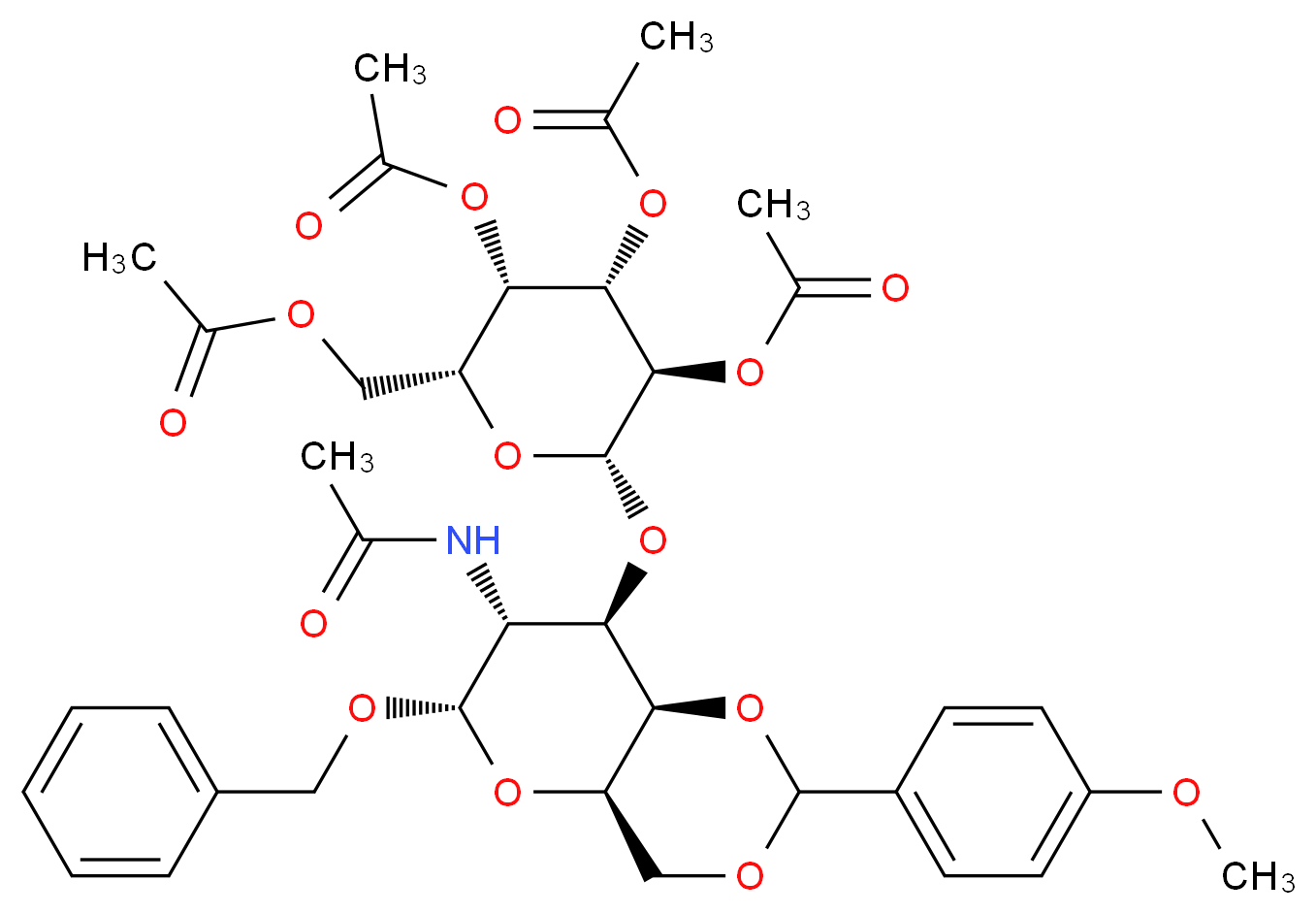 Benzyl 2-Acetamido-2-deoxy-4,6-O-(4'-methoxybenzylidene)-3-O-(2',3',4',6'-tetra- O-acetyl-β-D-galactopyranosyl)-α-D-galactopyranoside_分子结构_CAS_121785-18-0)