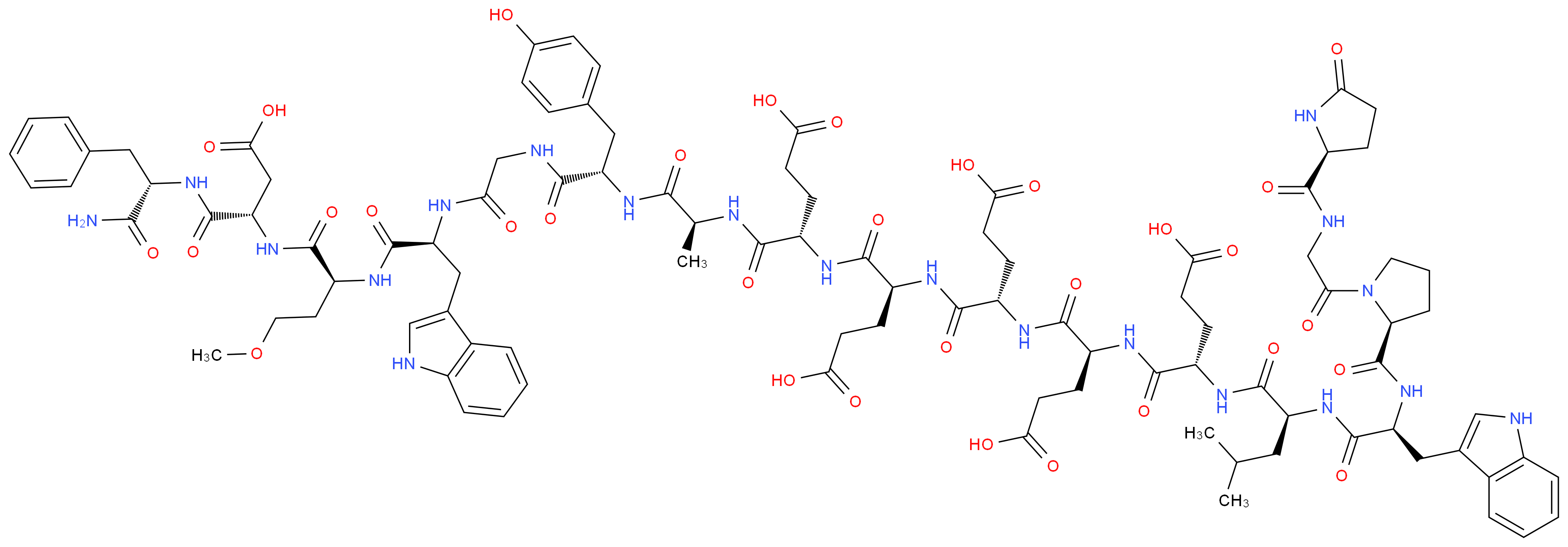 (4S)-4-{[(1S)-1-{[(1S)-1-{[(1S)-1-{[(1S)-1-{[(1S)-1-{[(1S)-1-[({[(1S)-1-{[(1S)-1-{[(1S)-1-{[(1S)-1-carbamoyl-2-phenylethyl]carbamoyl}-2-carboxyethyl]carbamoyl}-3-methoxypropyl]carbamoyl}-2-(1H-indol-3-yl)ethyl]carbamoyl}methyl)carbamoyl]-2-(4-hydroxyphenyl)ethyl]carbamoyl}ethyl]carbamoyl}-3-carboxypropyl]carbamoyl}-3-carboxypropyl]carbamoyl}-3-carboxypropyl]carbamoyl}-3-carboxypropyl]carbamoyl}-4-[(2S)-2-[(2S)-3-(1H-indol-3-yl)-2-{[(2S)-1-(2-{[(2S)-5-oxopyrrolidin-2-yl]formamido}acetyl)pyrrolidin-2-yl]formamido}propanamido]-4-methylpentanamido]butanoic acid_分子结构_CAS_85774-38-5