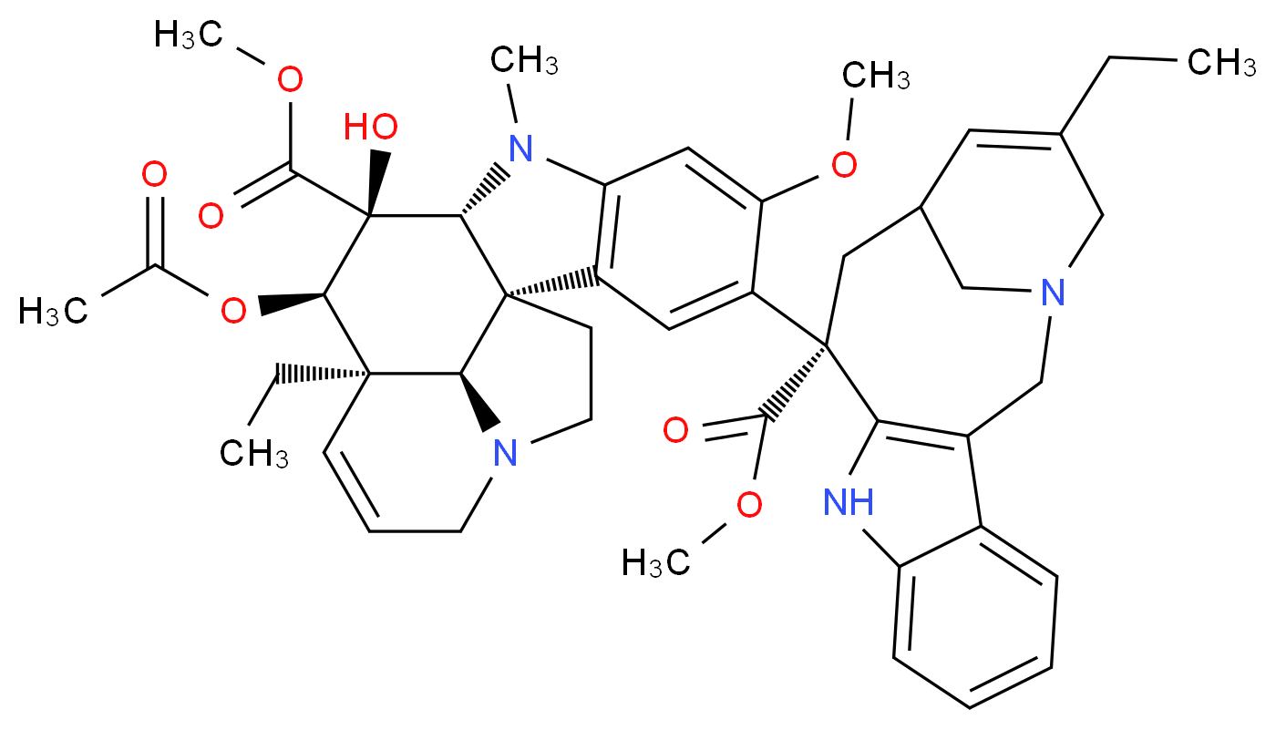 methyl (1R,9R,10S,11R,12R,19R)-11-(acetyloxy)-12-ethyl-4-[(12S)-16-ethyl-12-(methoxycarbonyl)-1,10-diazatetracyclo[12.3.1.0^{3,11}.0^{4,9}]octadeca-3(11),4,6,8,15-pentaen-12-yl]-10-hydroxy-5-methoxy-8-methyl-8,16-diazapentacyclo[10.6.1.0^{1,9}.0^{2,7}.0^{16,19}]nonadeca-2(7),3,5,13-tetraene-10-carboxylate_分子结构_CAS_71486-22-1