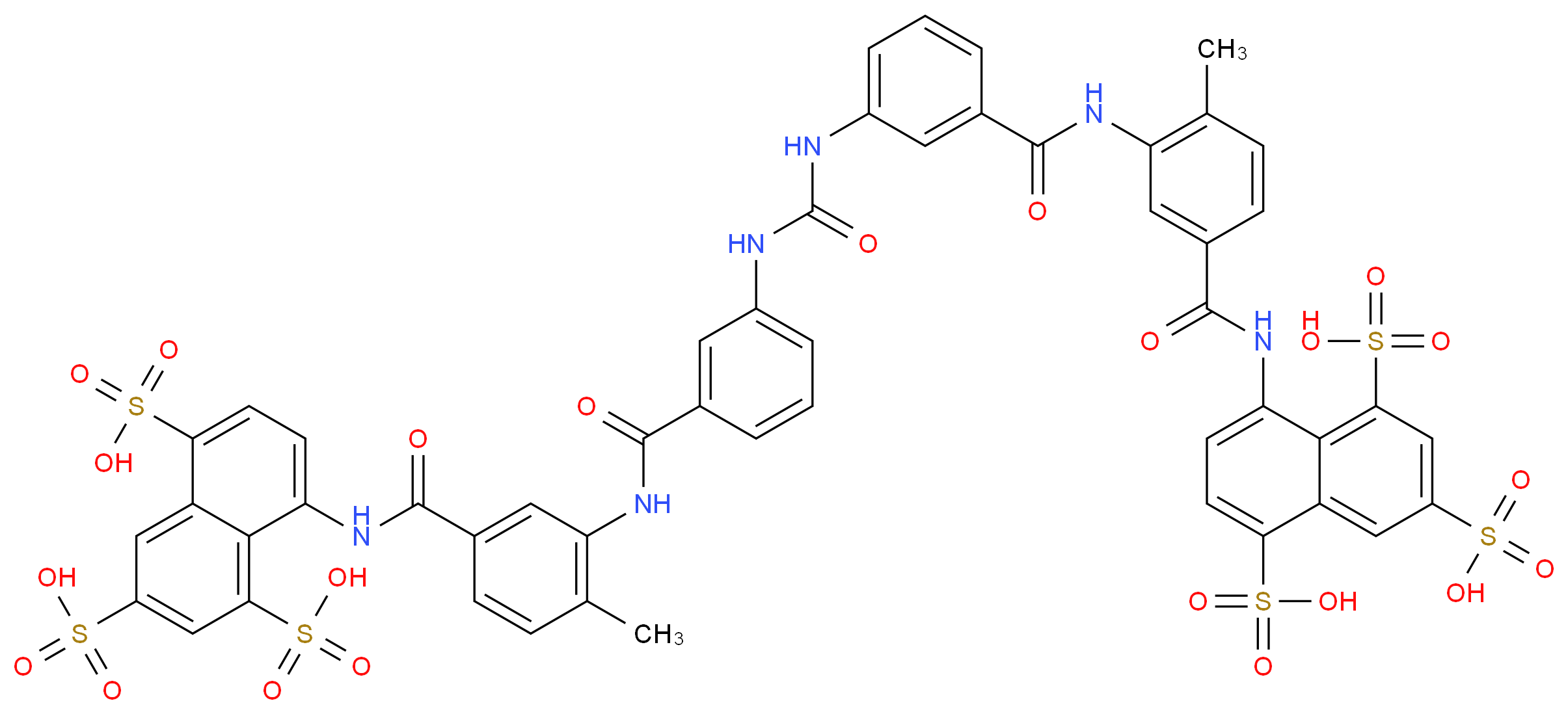 8-{4-methyl-3-[3-({[3-({2-methyl-5-[(4,6,8-trisulfonaphthalen-1-yl)carbamoyl]phenyl}carbamoyl)phenyl]carbamoyl}amino)benzamido]benzamido}naphthalene-1,3,5-trisulfonic acid_分子结构_CAS_145-63-1