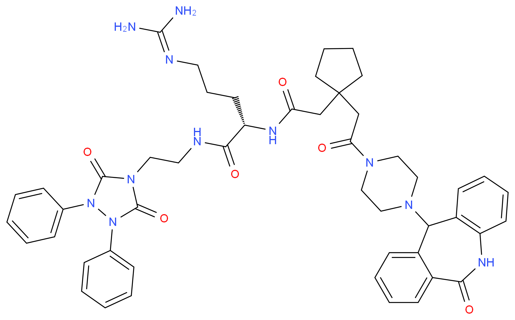 (2S)-5-[(diaminomethylidene)amino]-N-[2-(3,5-dioxo-1,2-diphenyl-1,2,4-triazolidin-4-yl)ethyl]-2-(2-{1-[2-oxo-2-(4-{10-oxo-9-azatricyclo[9.4.0.0<sup>3</sup>,<sup>8</sup>]pentadeca-1(15),3(8),4,6,11,13-hexaen-2-yl}piperazin-1-yl)ethyl]cyclopentyl}acetamido)pentanamide_分子结构_CAS_246146-55-4