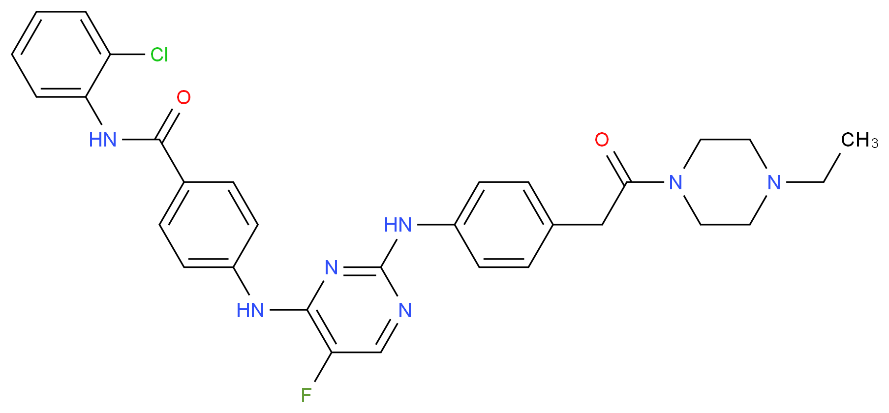 N-(2-chlorophenyl)-4-{[2-({4-[2-(4-ethylpiperazin-1-yl)-2-oxoethyl]phenyl}amino)-5-fluoropyrimidin-4-yl]amino}benzamide_分子结构_CAS_1158838-45-9