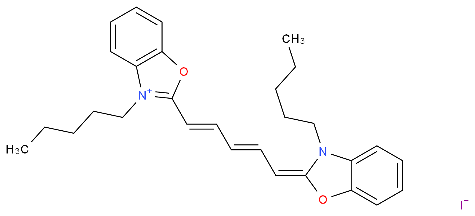 3-pentyl-2-[(1E,3E)-5-[(2E)-3-pentyl-2,3-dihydro-1,3-benzoxazol-2-ylidene]penta-1,3-dien-1-yl]-1,3-benzoxazol-3-ium iodide_分子结构_CAS_53213-92-6