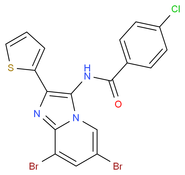 4-chloro-N-[6,8-dibromo-2-(thiophen-2-yl)imidazo[1,2-a]pyridin-3-yl]benzamide_分子结构_CAS_372497-52-4