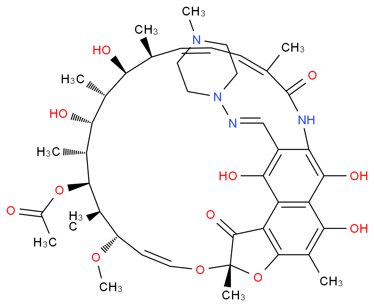 (7S,9E,11S,12R,13S,14R,15R,16R,17S,18S,19E,21Z)-2,15,17,27,29-pentahydroxy-11-methoxy-3,7,12,14,16,18,22-heptamethyl-26-[(E)-N-(4-methylpiperazin-1-yl)carboximidoyl]-6,23-dioxo-8,30-dioxa-24-azatetracyclo[23.3.1.1^{4,7}.0^{5,28}]triaconta-1(29),2,4,9,19,21,25,27-octaen-13-yl acetate_分子结构_CAS_13292-46-1