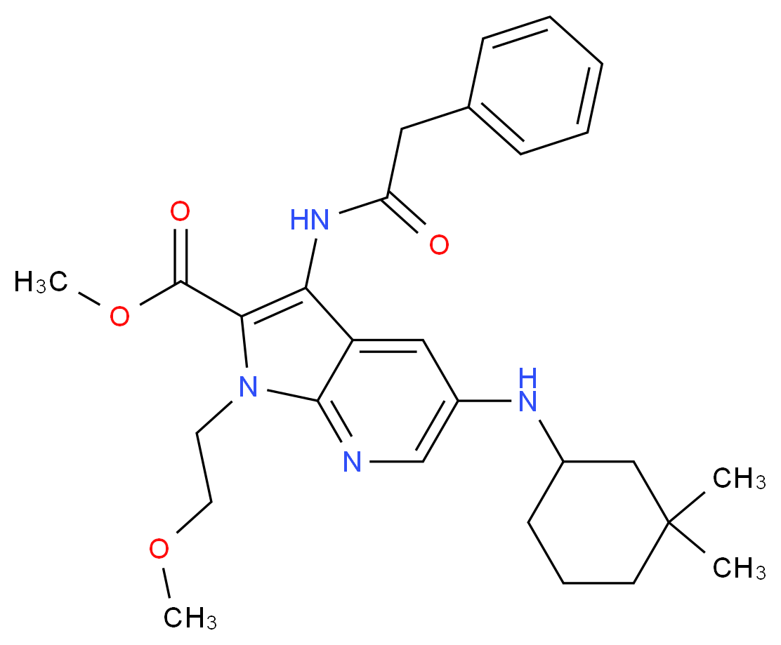 methyl 5-[(3,3-dimethylcyclohexyl)amino]-1-(2-methoxyethyl)-3-[(phenylacetyl)amino]-1H-pyrrolo[2,3-b]pyridine-2-carboxylate_分子结构_CAS_)