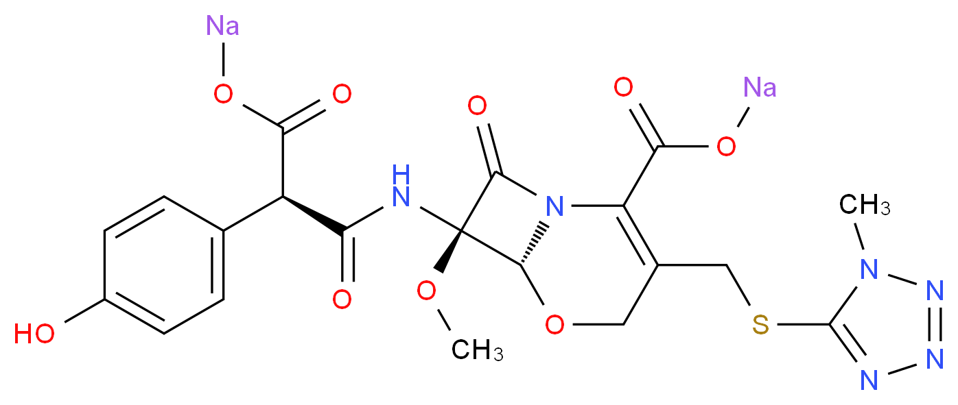 sodium (6R,7R)-7-[(2R)-2-(4-hydroxyphenyl)-3-oxo-3-(sodiooxy)propanamido]-7-methoxy-3-{[(1-methyl-1H-1,2,3,4-tetrazol-5-yl)sulfanyl]methyl}-8-oxo-5-oxa-1-azabicyclo[4.2.0]oct-2-ene-2-carboxylate_分子结构_CAS_64953-12-4