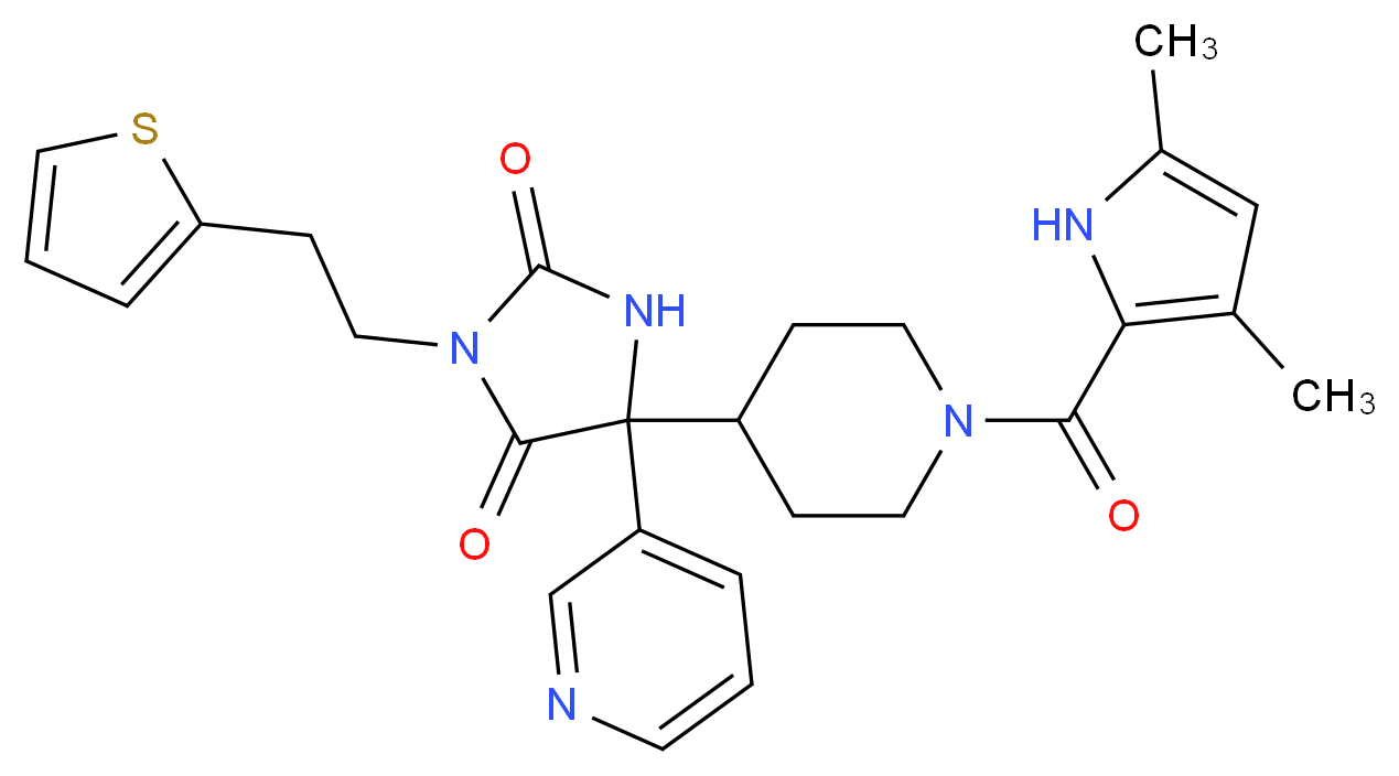 5-{1-[(3,5-dimethyl-1H-pyrrol-2-yl)carbonyl]-4-piperidinyl}-5-(3-pyridinyl)-3-[2-(2-thienyl)ethyl]-2,4-imidazolidinedione_分子结构_CAS_)