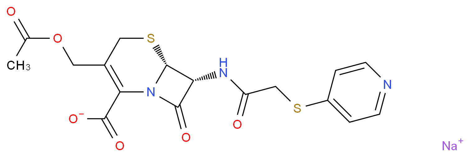 sodium (6R,7R)-3-[(acetyloxy)methyl]-8-oxo-7-[2-(pyridin-4-ylsulfanyl)acetamido]-5-thia-1-azabicyclo[4.2.0]oct-2-ene-2-carboxylate_分子结构_CAS_24356-60-3