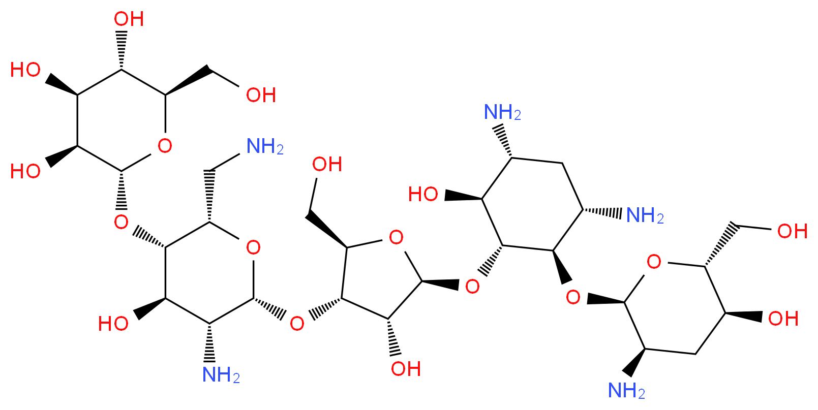 (2R,3S,4S,5S,6R)-2-{[(2S,3S,4R,5R,6R)-5-amino-2-(aminomethyl)-6-{[(2R,3S,4R,5S)-5-{[(1R,2R,3S,5R,6S)-3,5-diamino-2-{[(2S,3R,5S,6R)-3-amino-5-hydroxy-6-(hydroxymethyl)oxan-2-yl]oxy}-6-hydroxycyclohexyl]oxy}-4-hydroxy-2-(hydroxymethyl)oxolan-3-yl]oxy}-4-hydroxyoxan-3-yl]oxy}-6-(hydroxymethyl)oxane-3,4,5-triol_分子结构_CAS_36441-41-5