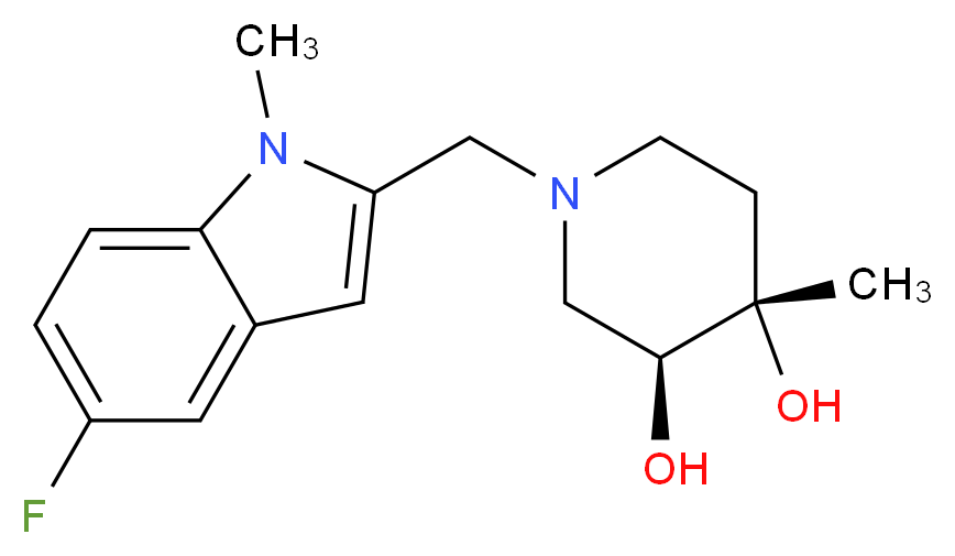 (3S*,4S*)-1-[(5-fluoro-1-methyl-1H-indol-2-yl)methyl]-4-methylpiperidine-3,4-diol_分子结构_CAS_)