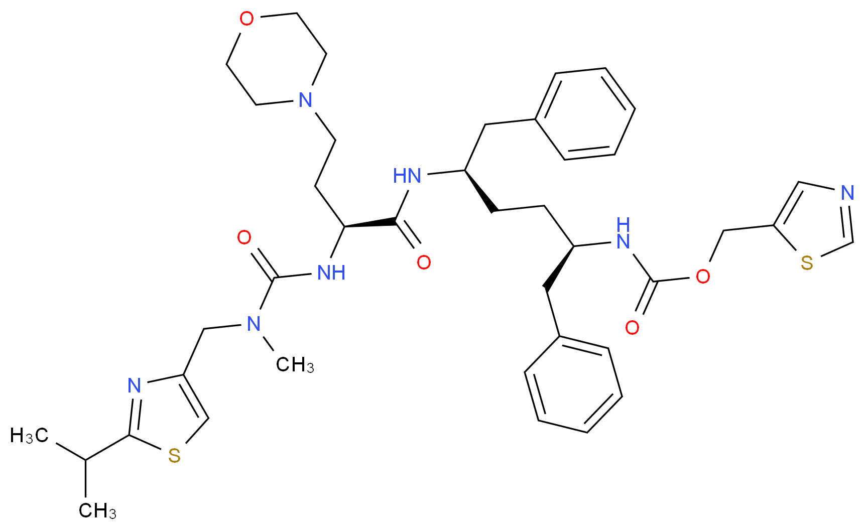 1,3-thiazol-5-ylmethyl N-[(2R,5R)-5-[(2S)-2-{[methyl({[2-(propan-2-yl)-1,3-thiazol-4-yl]methyl})carbamoyl]amino}-4-(morpholin-4-yl)butanamido]-1,6-diphenylhexan-2-yl]carbamate_分子结构_CAS_1004316-88-4