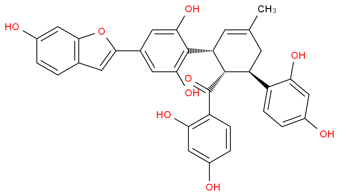 2-[(1R,5R,6S)-6-(2,4-dihydroxybenzoyl)-5-(2,4-dihydroxyphenyl)-3-methylcyclohex-2-en-1-yl]-5-(6-hydroxy-1-benzofuran-2-yl)benzene-1,3-diol_分子结构_CAS_77996-04-4