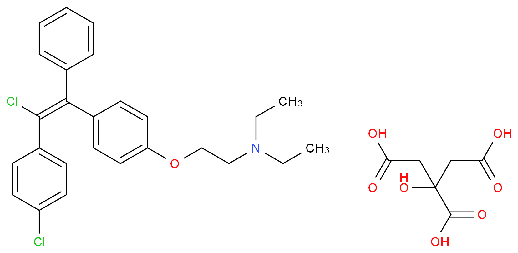 (2-{4-[(E)-2-chloro-2-(4-chlorophenyl)-1-phenylethenyl]phenoxy}ethyl)diethylamine; 2-hydroxypropane-1,2,3-tricarboxylic acid_分子结构_CAS_14158-75-9