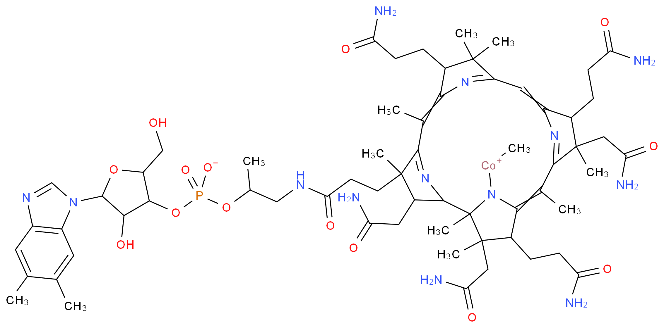 methyl[8,13,18-tris(2-carbamoylethyl)-3,14,19-tris(carbamoylmethyl)-4-{2-[(2-{[5-(5,6-dimethyl-1H-1,3-benzodiazol-1-yl)-4-hydroxy-2-(hydroxymethyl)oxolan-3-yl phosphonato]oxy}propyl)carbamoyl]ethyl}-1,4,6,9,9,14,16,19-octamethyl-20,21,22,23-tetraazapentacyclo[15.2.1.1^{2,5}.1^{7,10}.1^{12,15}]tricosa-5(23),6,10(22),11,15(21),16-hexaen-20-yl]cobaltylium_分子结构_CAS_13422-55-4