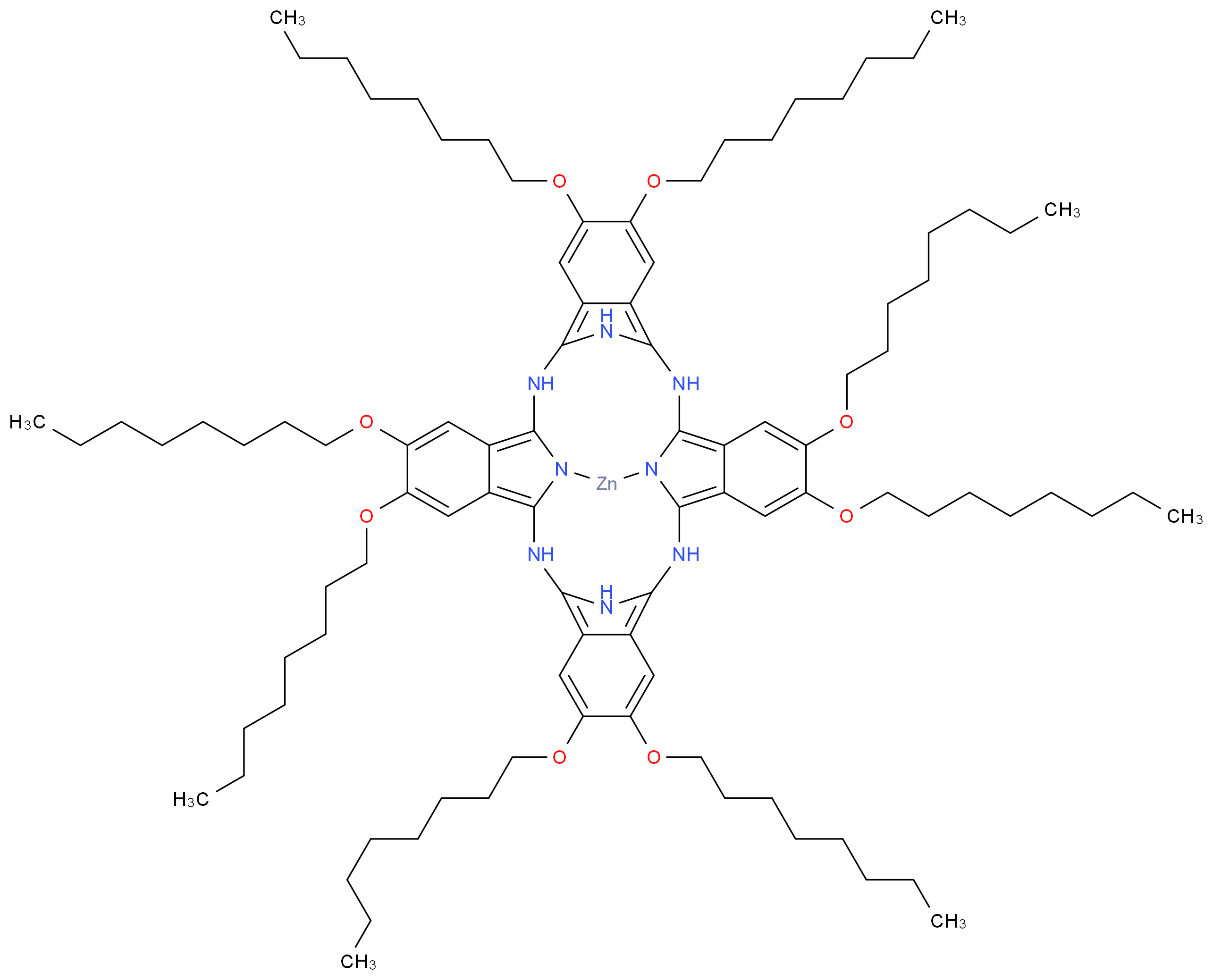 4,5,13,14,22,23,31,32-octakis(octyloxy)-9,18,27,36,37,39,40,41-octaaza-38-zincadecacyclo[17.17.3.1<sup>1</sup><sup>0</sup>,<sup>1</sup><sup>7</sup>.1<sup>2</sup><sup>8</sup>,<sup>3</sup><sup>5</sup>.0<sup>2</sup>,<sup>7</sup>.0<sup>8</sup>,<sup>3</sup><sup>7</sup>.0<sup>1</sup><sup>1</sup>,<sup>1</sup><sup>6</sup>.0<sup>2</sup><sup>0</sup>,<sup>2</sup><sup>5</sup>.0<sup>2</sup><sup>6</sup>,<sup>3</sup><sup>9</sup>.0<sup>2</sup><sup>9</sup>,<sup>3</sup><sup>4</sup>]hentetraconta-1,3,5,7,10,12,14,16,19,21,23,25,28,30,32,34-hexadecaene_分子结构_CAS_261504-18-1