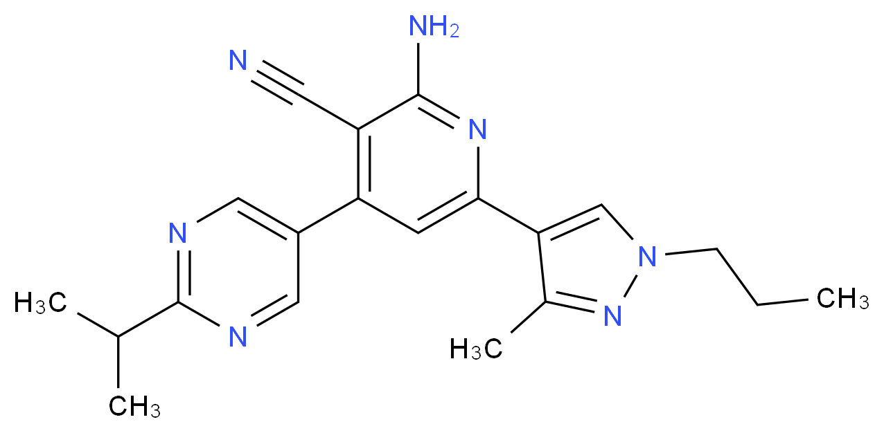 2-amino-4-(2-isopropylpyrimidin-5-yl)-6-(3-methyl-1-propyl-1H-pyrazol-4-yl)nicotinonitrile_分子结构_CAS_)