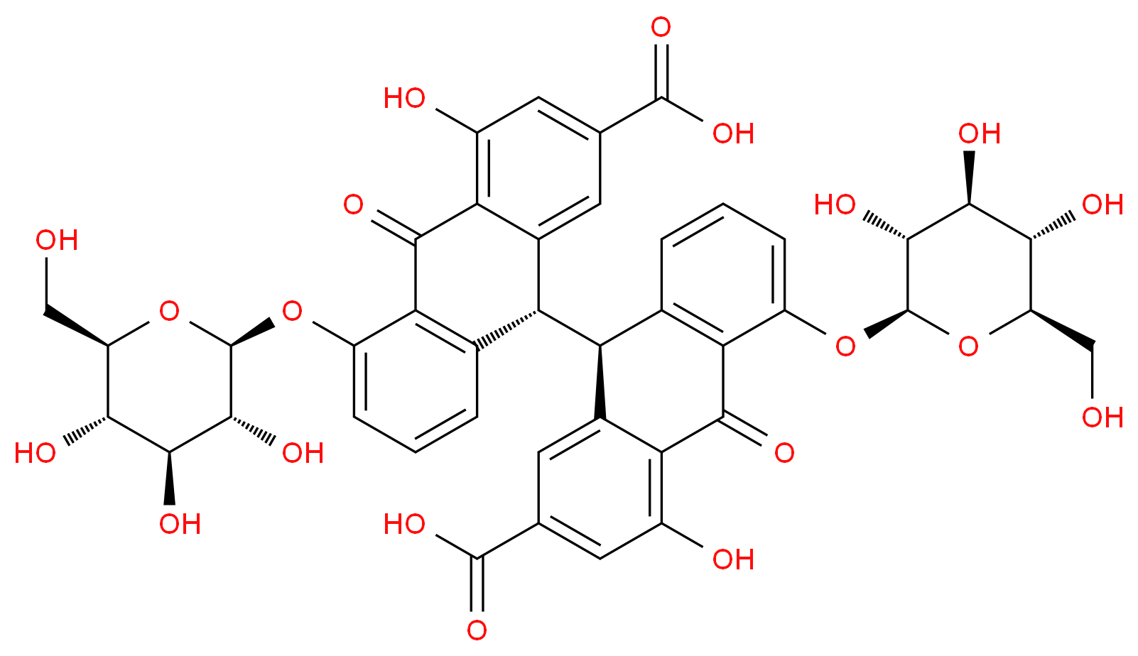 (9S)-9-[(9R)-2-carboxy-4-hydroxy-10-oxo-5-{[(2S,3R,4S,5S,6R)-3,4,5-trihydroxy-6-(hydroxymethyl)oxan-2-yl]oxy}-9,10-dihydroanthracen-9-yl]-4-hydroxy-10-oxo-5-{[(2S,3R,4S,5S,6R)-3,4,5-trihydroxy-6-(hydroxymethyl)oxan-2-yl]oxy}-9,10-dihydroanthracene-2-carboxylic acid_分子结构_CAS_128-57-4