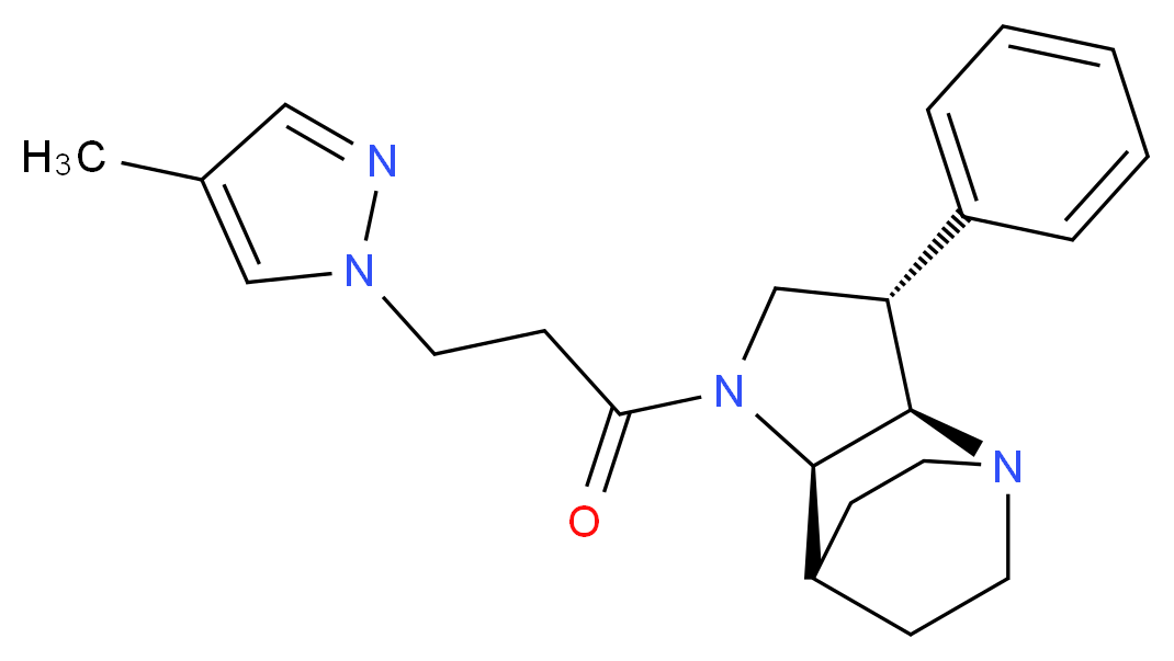 (2R*,3S*,6R*)-5-[3-(4-methyl-1H-pyrazol-1-yl)propanoyl]-3-phenyl-1,5-diazatricyclo[5.2.2.0~2,6~]undecane_分子结构_CAS_)