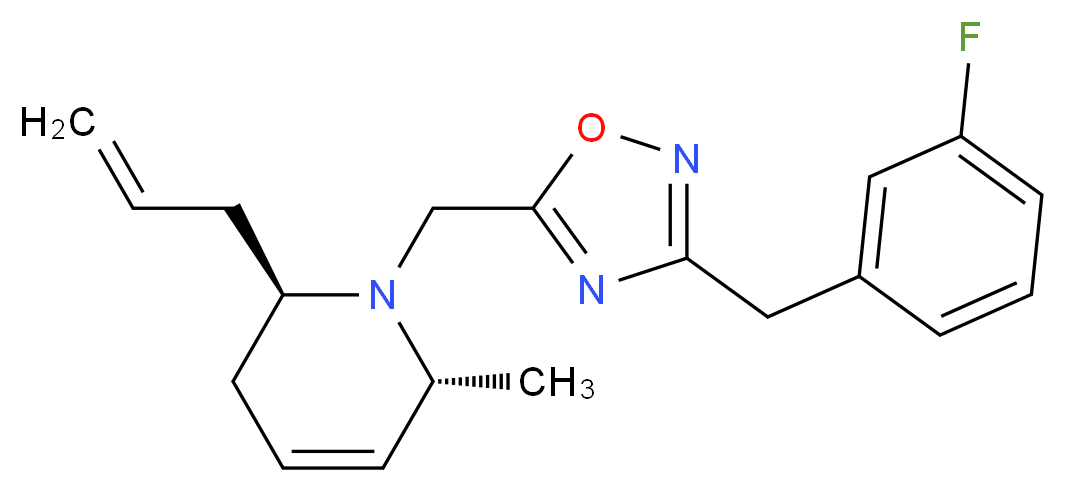 (2R*,6R*)-2-allyl-1-{[3-(3-fluorobenzyl)-1,2,4-oxadiazol-5-yl]methyl}-6-methyl-1,2,3,6-tetrahydropyridine_分子结构_CAS_)