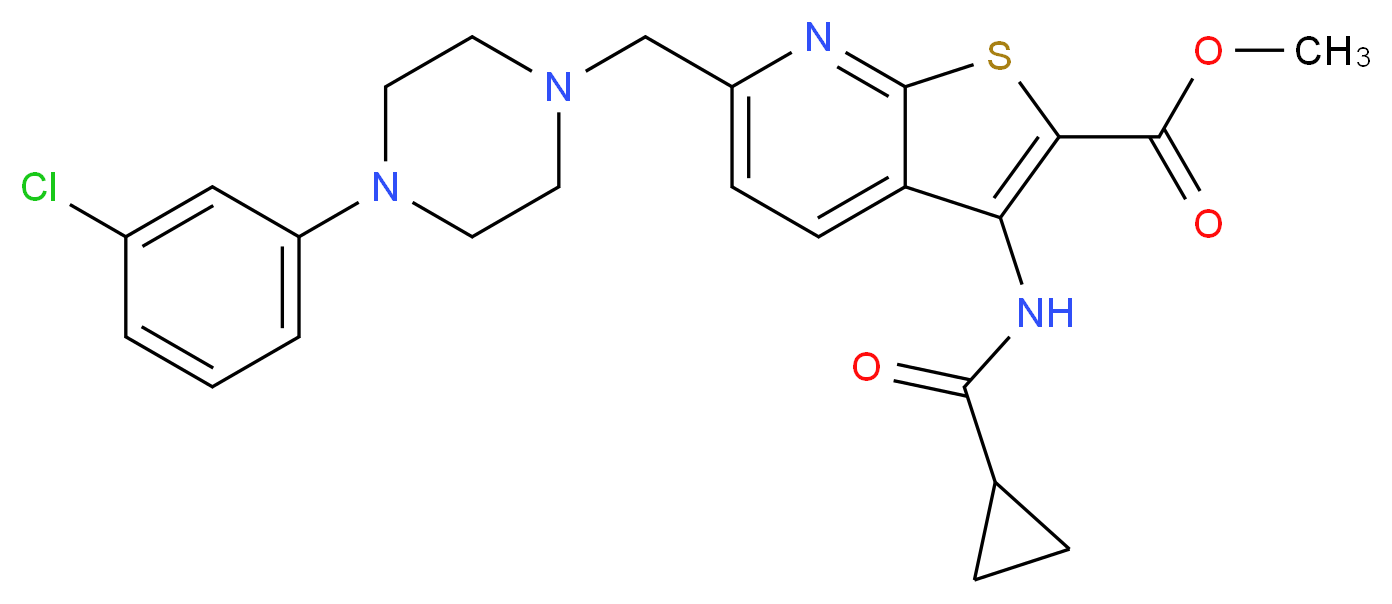 methyl 6-{[4-(3-chlorophenyl)-1-piperazinyl]methyl}-3-[(cyclopropylcarbonyl)amino]thieno[2,3-b]pyridine-2-carboxylate_分子结构_CAS_)