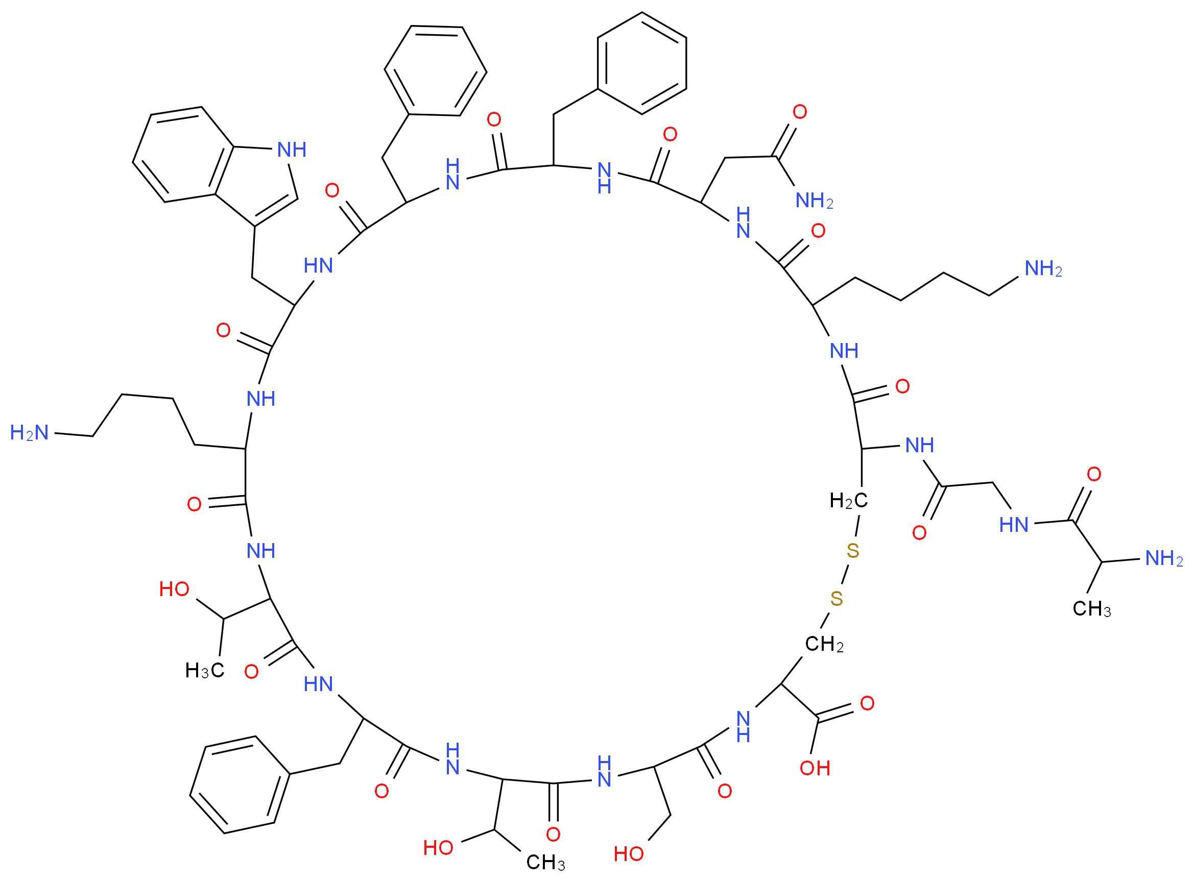 19,34-bis(4-aminobutyl)-37-[2-(2-aminopropanamido)acetamido]-13,25,28-tribenzyl-31-(carbamoylmethyl)-10,16-bis(1-hydroxyethyl)-7-(hydroxymethyl)-22-(1H-indol-3-ylmethyl)-6,9,12,15,18,21,24,27,30,33,36-undecaoxo-1,2-dithia-5,8,11,14,17,20,23,26,29,32,35-undecaazacyclooctatriacontane-4-carboxylic acid_分子结构_CAS_38916-34-6
