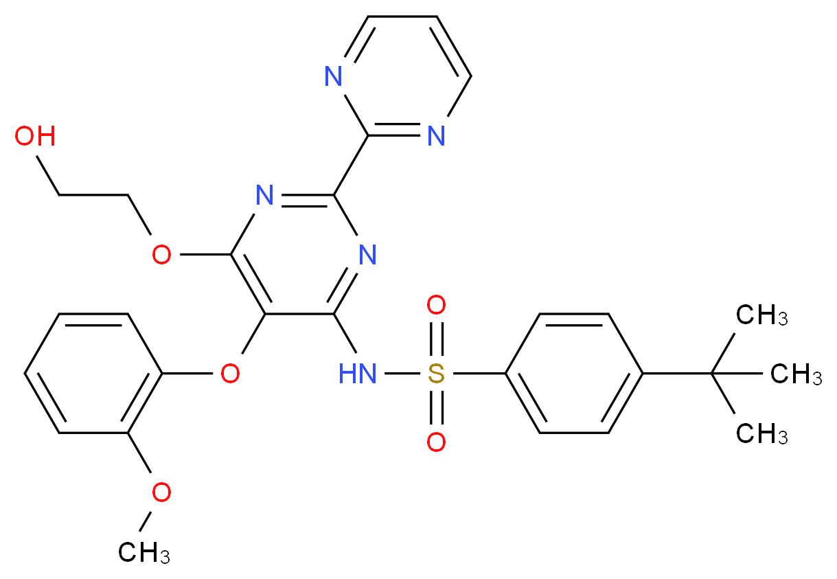 4-tert-butyl-N-[6-(2-hydroxyethoxy)-5-(2-methoxyphenoxy)-2-(pyrimidin-2-yl)pyrimidin-4-yl]benzene-1-sulfonamide_分子结构_CAS_147536-97-8