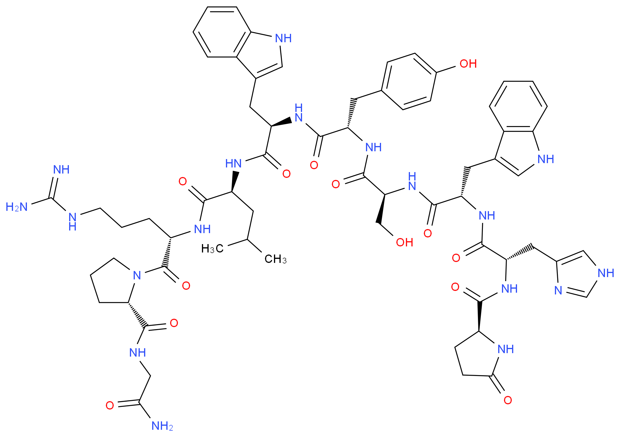 (2S)-N-[(2S)-5-carbamimidamido-1-[(2S)-2-[(carbamoylmethyl)carbamoyl]pyrrolidin-1-yl]-1-oxopentan-2-yl]-2-[(2R)-2-[(2S)-2-[(2S)-3-hydroxy-2-[(2S)-2-[(2S)-3-(1H-imidazol-4-yl)-2-{[(2S)-5-oxopyrrolidin-2-yl]formamido}propanamido]-3-(1H-indol-3-yl)propanamido]propanamido]-3-(4-hydroxyphenyl)propanamido]-3-(1H-indol-3-yl)propanamido]-4-methylpentanamide_分子结构_CAS_57773-63-4