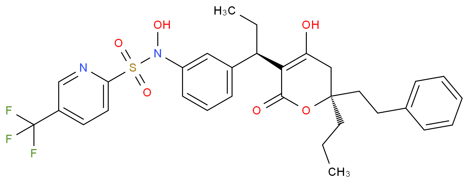 N-hydroxy-N-{3-[(1R)-1-[(6R)-4-hydroxy-2-oxo-6-(2-phenylethyl)-6-propyl-5,6-dihydro-2H-pyran-3-yl]propyl]phenyl}-5-(trifluoromethyl)pyridine-2-sulfonamide_分子结构_CAS_1141510-06-6