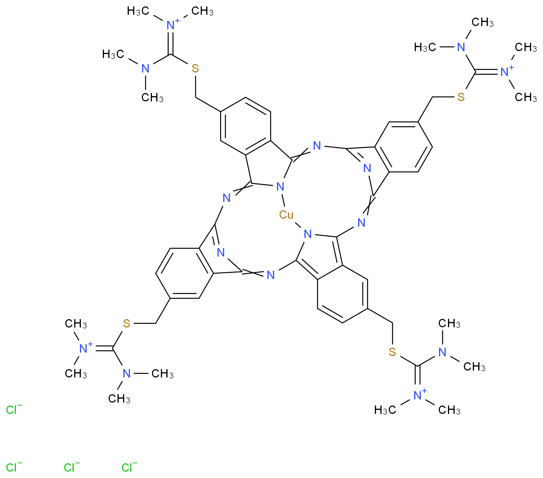 [(dimethylamino)({[4,22,31-tris({[(dimethylamino)(dimethyliminiumyl)methyl]sulfanyl}methyl)-9,18,27,36,37,39,40,41-octaaza-38-cupradecacyclo[17.17.3.1^{10,17}.1^{28,35}.0^{2,7}.0^{8,37}.0^{11,16}.0^{20,25}.0^{26,39}.0^{29,34}]hentetraconta-1(36),2,4,6,8,10(41),11(16),12,14,17,19,21,23,25,27,29(34),30,32,35(40)-nonadecaen-13-yl]methyl}sulfanyl)methylidene]dimethylazanium tetrachloride_分子结构_CAS_12040-44-7