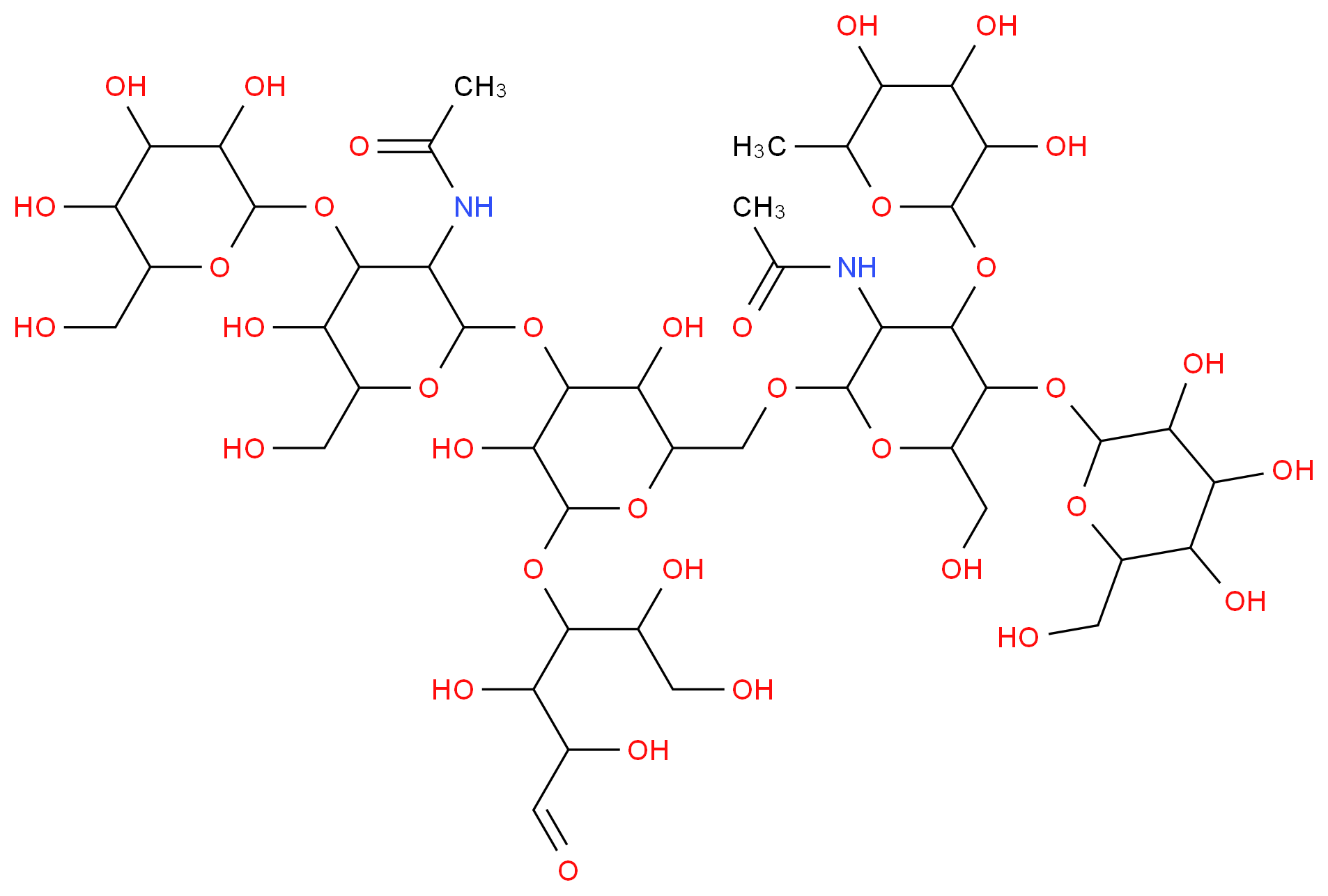 N-{2-[(4-{[3-acetamido-5-hydroxy-6-(hydroxymethyl)-4-{[3,4,5-trihydroxy-6-(hydroxymethyl)oxan-2-yl]oxy}oxan-2-yl]oxy}-3,5-dihydroxy-6-[(1,2,4,5-tetrahydroxy-6-oxohexan-3-yl)oxy]oxan-2-yl)methoxy]-6-(hydroxymethyl)-5-{[3,4,5-trihydroxy-6-(hydroxymethyl)oxan-2-yl]oxy}-4-[(3,4,5-trihydroxy-6-methyloxan-2-yl)oxy]oxan-3-yl}acetamide_分子结构_CAS_96656-34-7