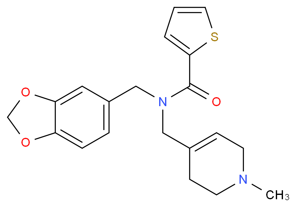 N-(1,3-benzodioxol-5-ylmethyl)-N-[(1-methyl-1,2,3,6-tetrahydropyridin-4-yl)methyl]thiophene-2-carboxamide_分子结构_CAS_)