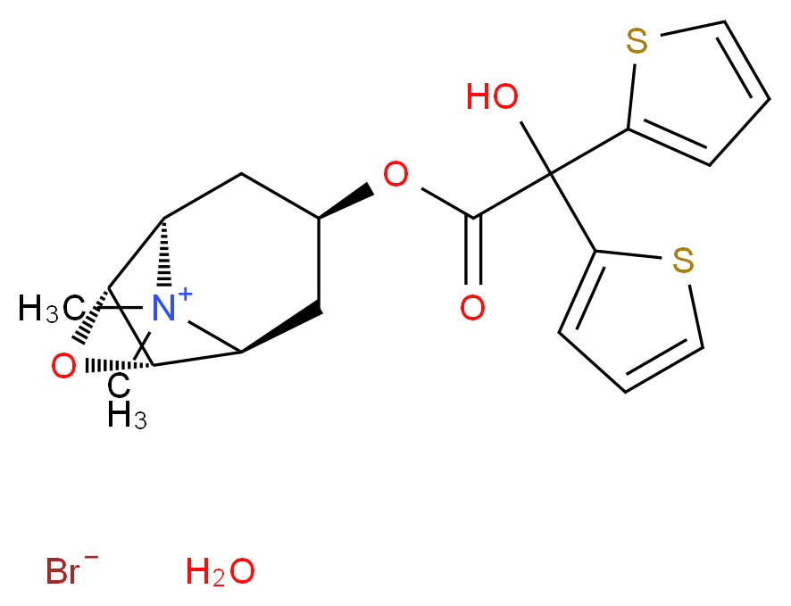 (1R,2R,4S,5S,7R)-7-{[2-hydroxy-2,2-bis(thiophen-2-yl)acetyl]oxy}-9,9-dimethyl-3-oxa-9-azatricyclo[3.3.1.0<sup>2</sup>,<sup>4</sup>]nonan-9-ium hydrate bromide_分子结构_CAS_139404-48-1