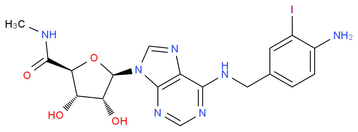 (2S,3S,4R,5R)-5-(6-{[(4-amino-3-iodophenyl)methyl]amino}-9H-purin-9-yl)-3,4-dihydroxy-N-methyloxolane-2-carboxamide_分子结构_CAS_152918-27-9