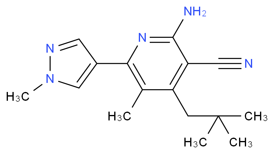 2-amino-4-(2,2-dimethylpropyl)-5-methyl-6-(1-methyl-1H-pyrazol-4-yl)nicotinonitrile_分子结构_CAS_)