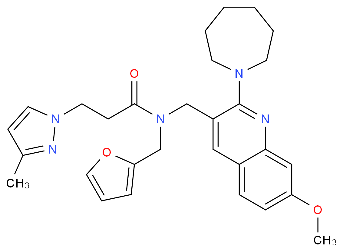N-{[2-(1-azepanyl)-7-methoxy-3-quinolinyl]methyl}-N-(2-furylmethyl)-3-(3-methyl-1H-pyrazol-1-yl)propanamide_分子结构_CAS_)