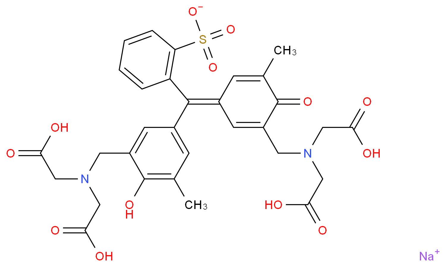 sodium 2-[(3-{[bis(carboxymethyl)amino]methyl}-4-hydroxy-5-methylphenyl)[(1E)-3-{[bis(carboxymethyl)amino]methyl}-5-methyl-4-oxocyclohexa-2,5-dien-1-ylidene]methyl]benzene-1-sulfonate_分子结构_CAS_63721-83-5