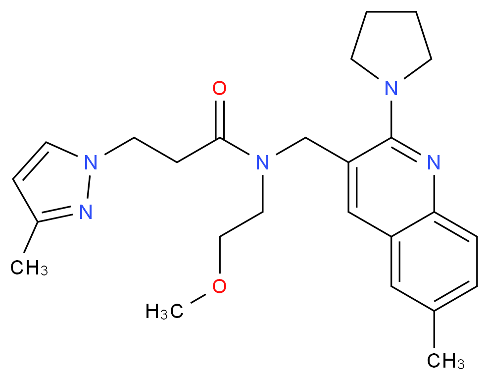 N-(2-methoxyethyl)-3-(3-methyl-1H-pyrazol-1-yl)-N-{[6-methyl-2-(1-pyrrolidinyl)-3-quinolinyl]methyl}propanamide_分子结构_CAS_)