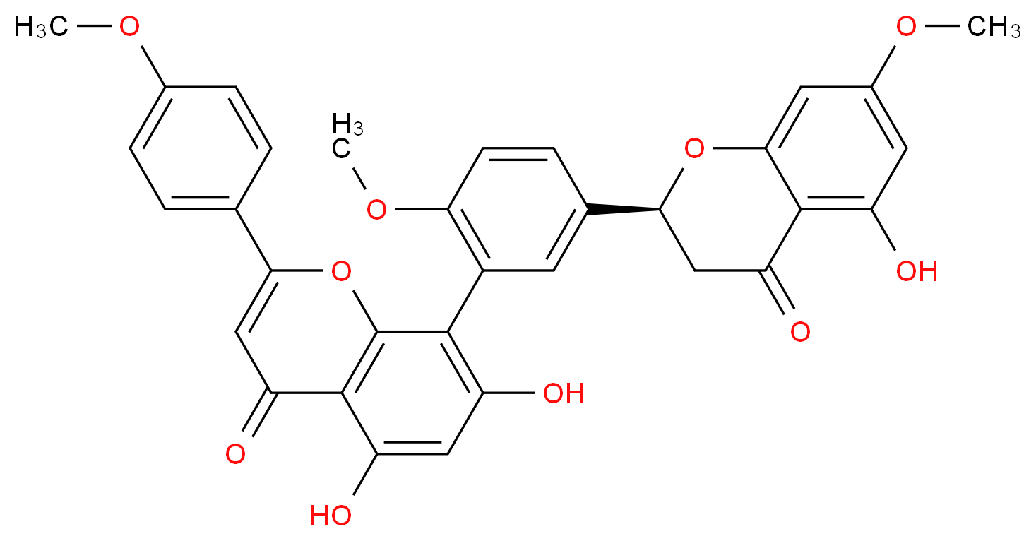 5,7-dihydroxy-8-{5-[(2S)-5-hydroxy-7-methoxy-4-oxo-3,4-dihydro-2H-1-benzopyran-2-yl]-2-methoxyphenyl}-2-(4-methoxyphenyl)-4H-chromen-4-one_分子结构_CAS_34421-19-7