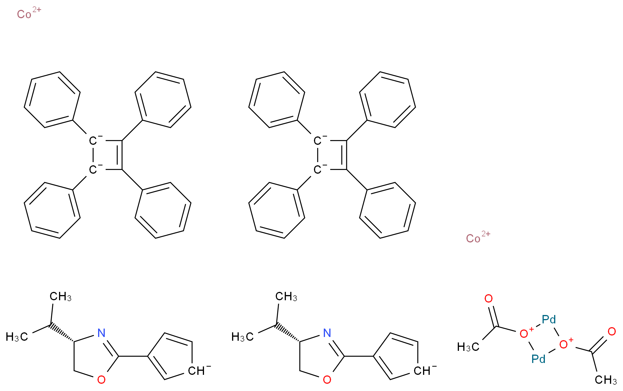 bis(λ<sup>2</sup>-cobalt(2+) ion) bis(3-[(4S)-4-(propan-2-yl)-4,5-dihydro-1,3-oxazol-2-yl]cyclopenta-2,4-dien-1-ide) diacetylcyclodipalladoxane-1,3-diium bis(tetraphenylcyclobut-3-ene-1,2-diide)_分子结构_CAS_222400-03-5