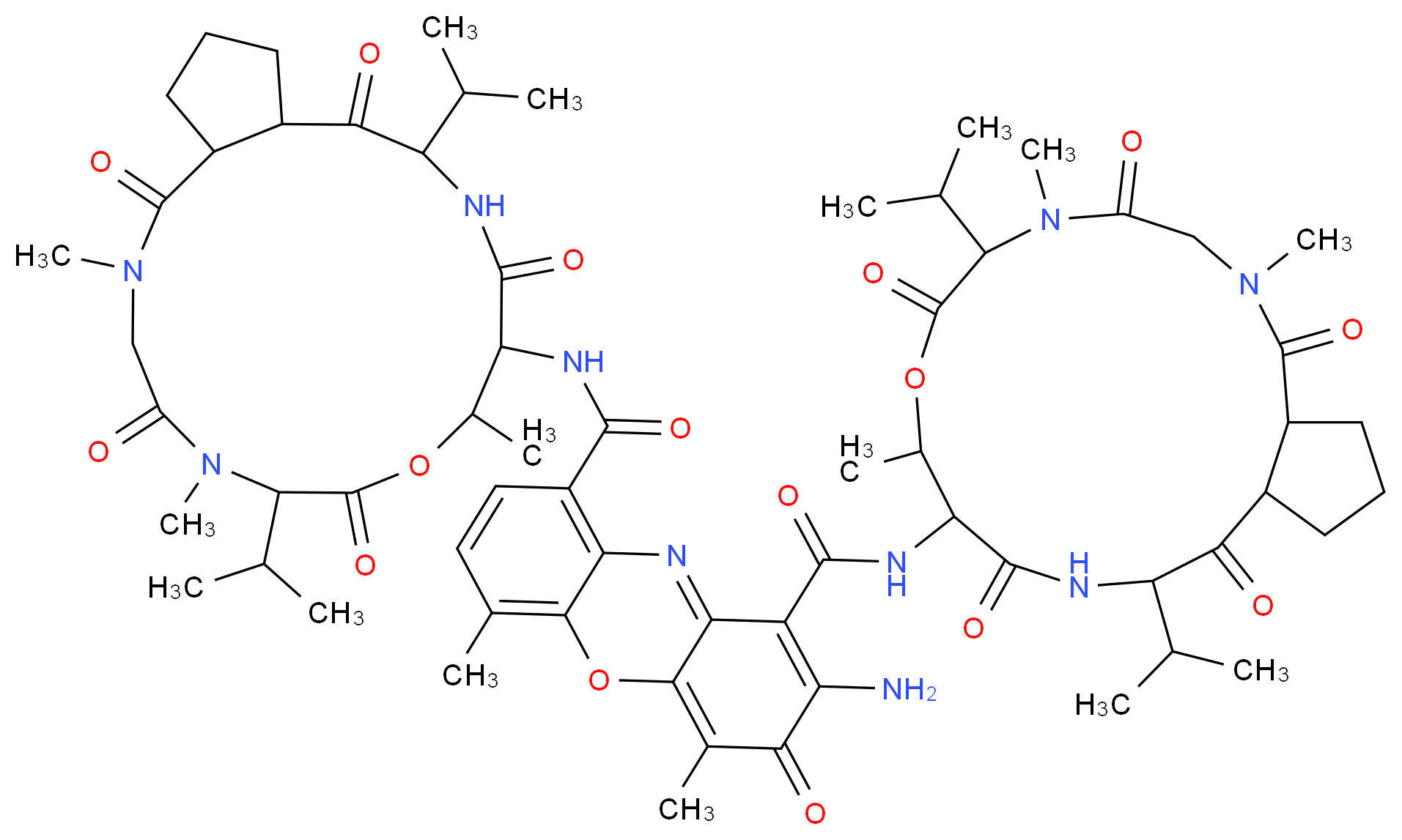2-amino-4,6-dimethyl-3-oxo-1-N,9-N-bis[2,5,9-trimethyl-1,4,7,11,14-pentaoxo-6,13-bis(propan-2-yl)-octadecahydrocyclopenta[i]1-oxa-4,7,13-triazacyclohexadecan-10-yl]-3H-phenoxazine-1,9-dicarboxamide_分子结构_CAS_50-76-0