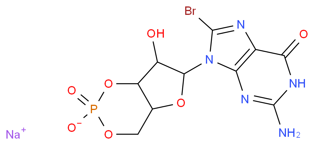 sodium 6-(2-amino-8-bromo-6-oxo-6,9-dihydro-1H-purin-9-yl)-7-hydroxy-2-oxo-hexahydro-1,3,5,2$l^{5}-furo[3,2-d][1,3,2$l^{5}]dioxaphosphinin-2-olate_分子结构_CAS_51116-01-9