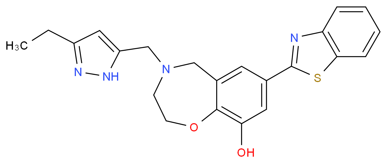 7-(1,3-benzothiazol-2-yl)-4-[(3-ethyl-1H-pyrazol-5-yl)methyl]-2,3,4,5-tetrahydro-1,4-benzoxazepin-9-ol_分子结构_CAS_)