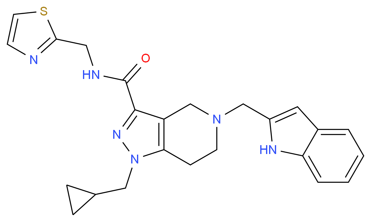 1-(cyclopropylmethyl)-5-(1H-indol-2-ylmethyl)-N-(1,3-thiazol-2-ylmethyl)-4,5,6,7-tetrahydro-1H-pyrazolo[4,3-c]pyridine-3-carboxamide_分子结构_CAS_)