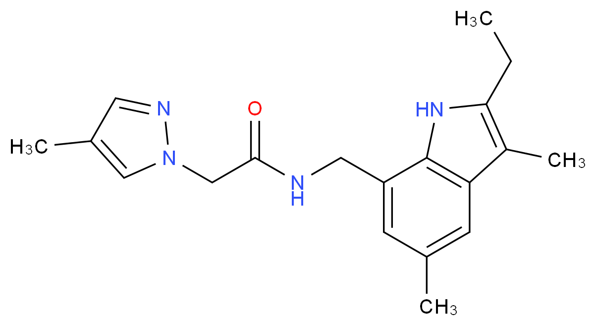 N-[(2-ethyl-3,5-dimethyl-1H-indol-7-yl)methyl]-2-(4-methyl-1H-pyrazol-1-yl)acetamide_分子结构_CAS_)