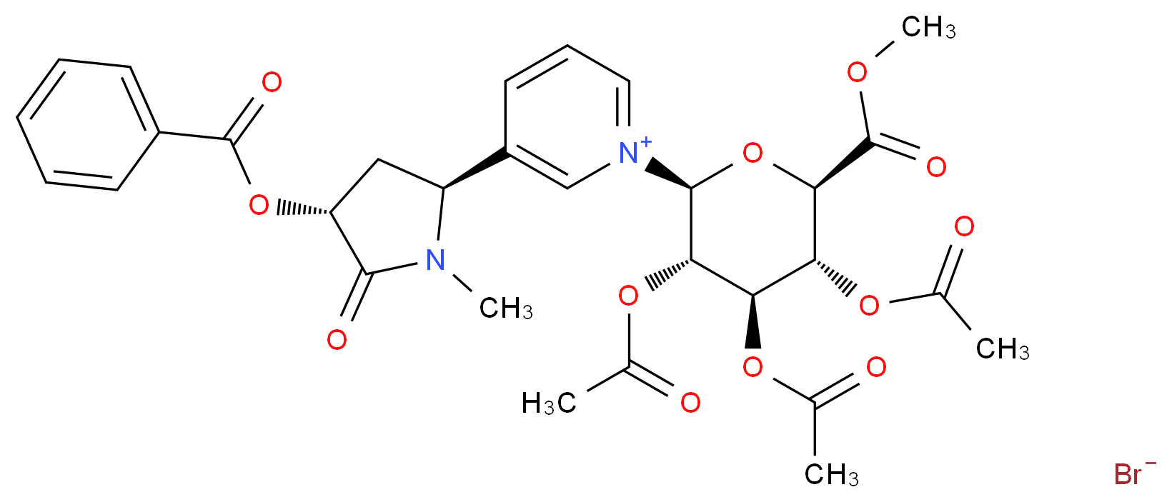 3-[(2S,4R)-4-(benzoyloxy)-1-methyl-5-oxopyrrolidin-2-yl]-1-[(2S,3S,4R,5R,6R)-3,4,5-tris(acetyloxy)-6-(methoxycarbonyl)oxan-2-yl]-1λ<sup>5</sup>-pyridin-1-ylium bromide_分子结构_CAS_146490-58-6