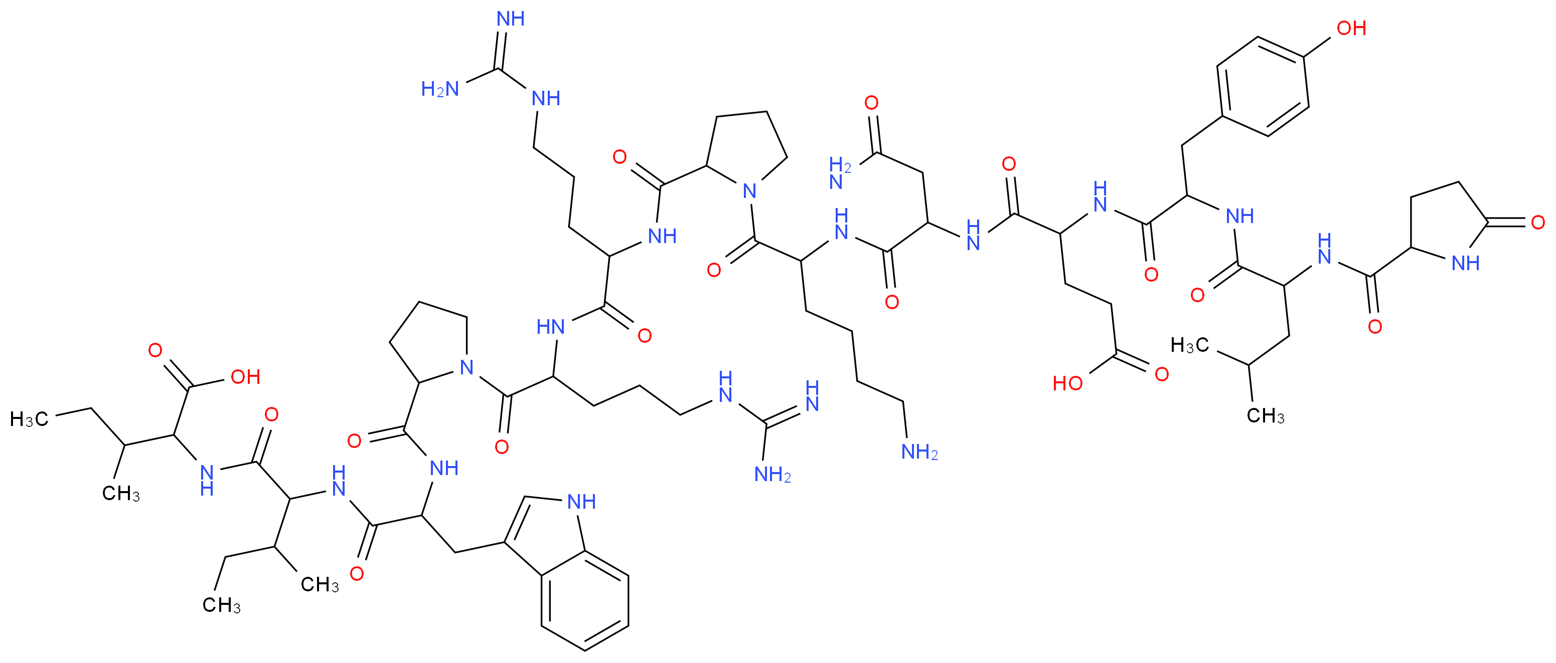 4-({1-[(6-amino-1-{2-[(4-carbamimidamido-1-{[5-carbamimidamido-1-(2-{[1-({1-[(1-carboxy-2-methylbutyl)carbamoyl]-2-methylbutyl}carbamoyl)-2-(1H-indol-3-yl)ethyl]carbamoyl}pyrrolidin-1-yl)-1-oxopentan-2-yl]carbamoyl}butyl)carbamoyl]pyrrolidin-1-yl}-1-oxohexan-2-yl)carbamoyl]-2-carbamoylethyl}carbamoyl)-4-[3-(4-hydroxyphenyl)-2-{4-methyl-2-[(5-oxopyrrolidin-2-yl)formamido]pentanamido}propanamido]butanoic acid_分子结构_CAS_100929-52-0