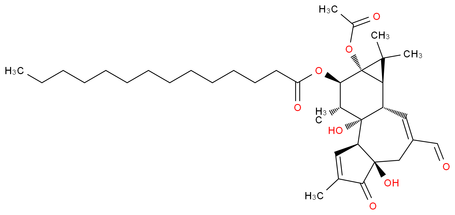 (1S,2S,6R,10S,11R,13S,14R,15R)-13-(acetyloxy)-8-formyl-1,6-dihydroxy-4,12,12,15-tetramethyl-5-oxotetracyclo[8.5.0.0<sup>2</sup>,<sup>6</sup>.0<sup>1</sup><sup>1</sup>,<sup>1</sup><sup>3</sup>]pentadeca-3,8-dien-14-yl tetradecanoate_分子结构_CAS_30358-69-1